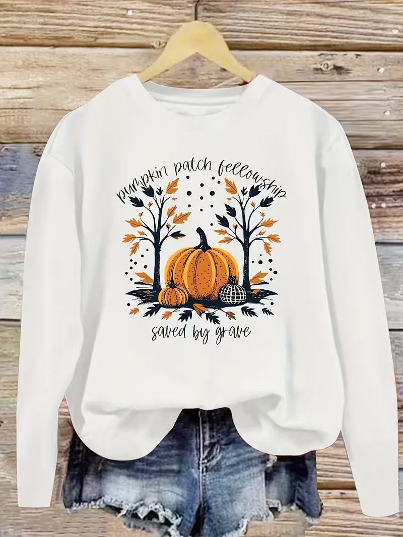 Damen Sweatshirt Herbstlich Kürbis Motiv Lässig Grau Eveloria