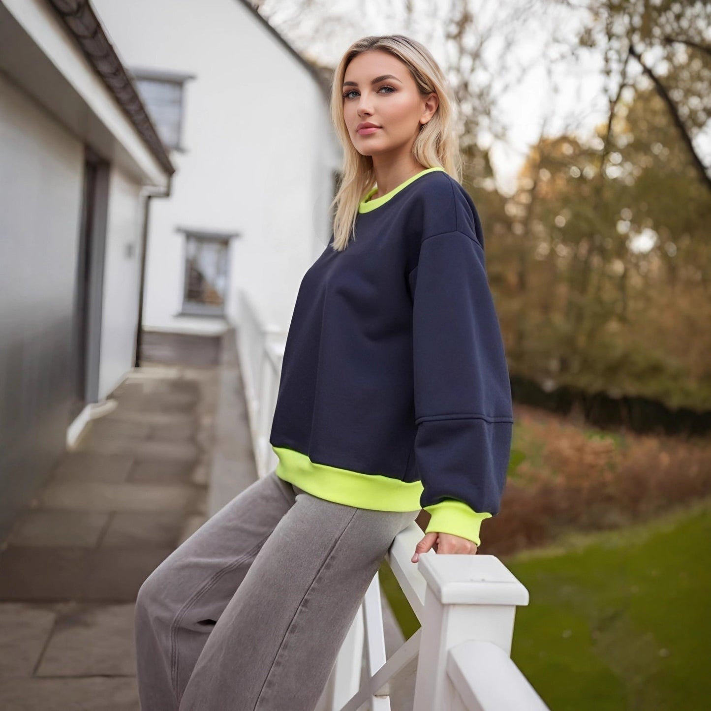 Damen Sweatshirt Lässig Kontrastbündchen Modern Schnitt Grau