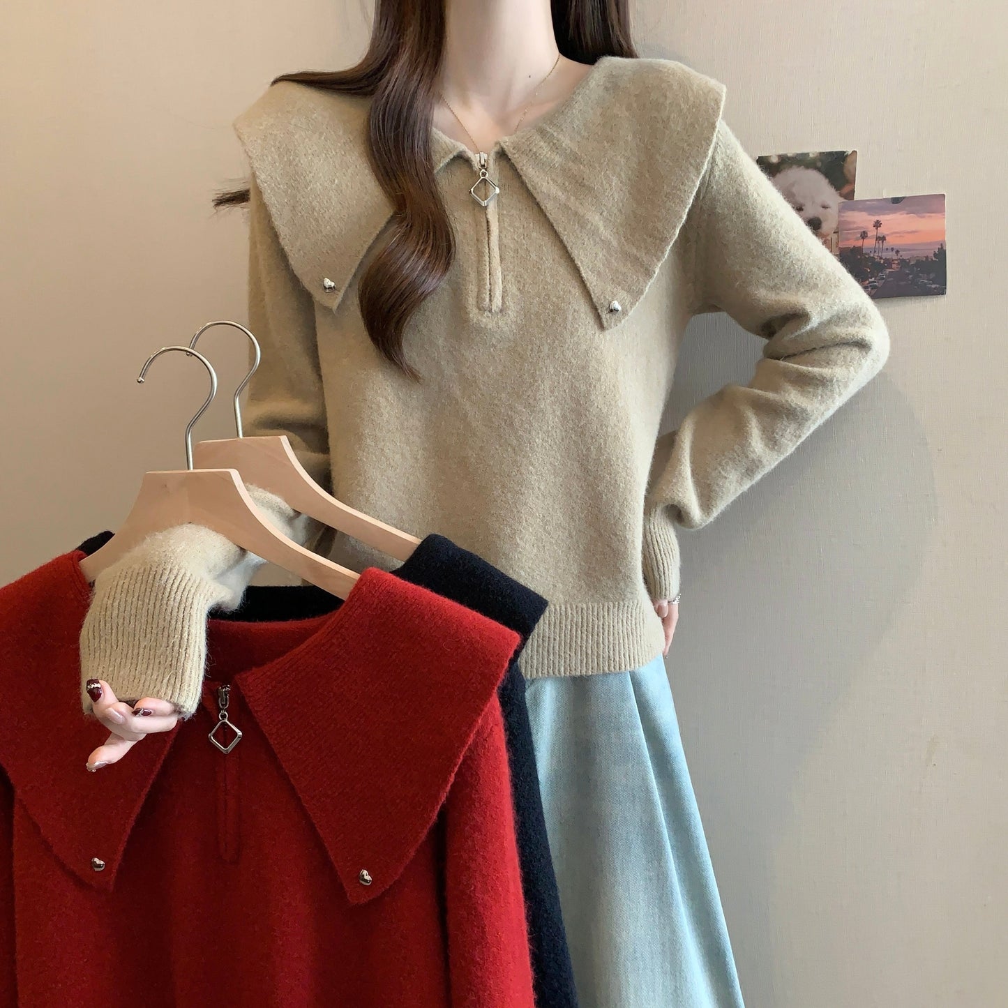 Damen Strickpullover Dekorativer Kragen Reißverschluss Eveloria - Eveloria
