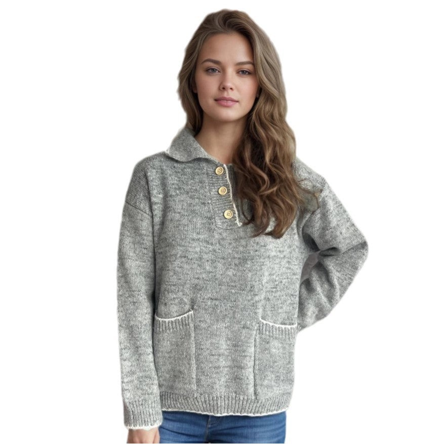 Damen Strickpullover Lässig Knöpfe Taschen Beige
