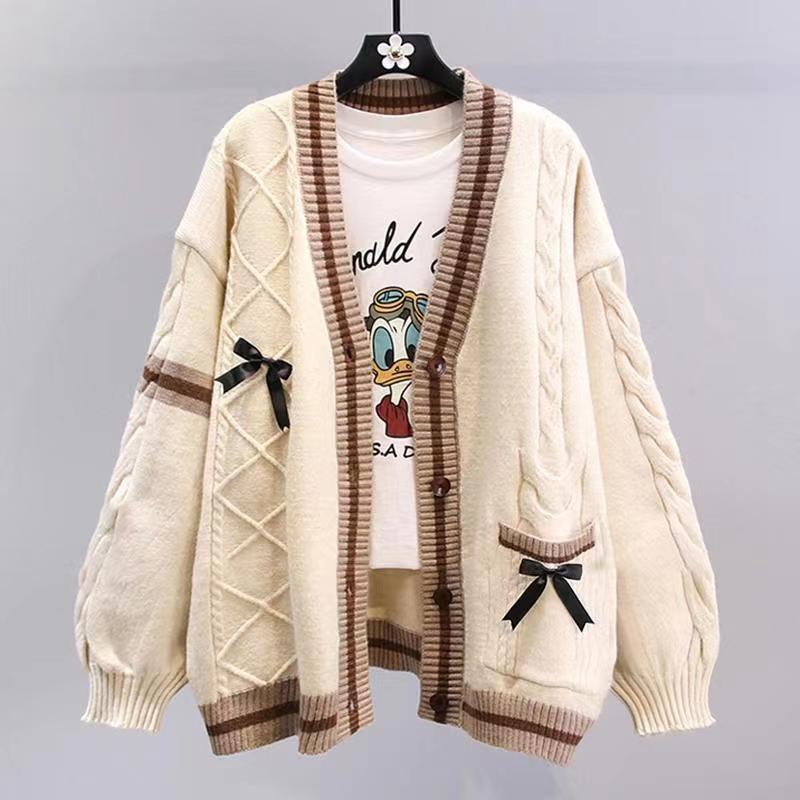 Damen Strickcardigan Zopfmuster Dekorative Schleifen Beige