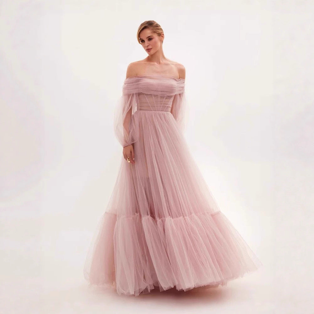 Damen Cocktailkleid Tüll Schulterfrei Voluminöse Ärmel Eveloria