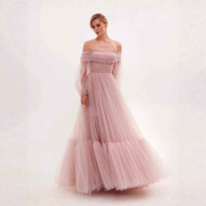 Damen Cocktailkleid Tüll Schulterfrei Voluminöse Ärmel Eveloria