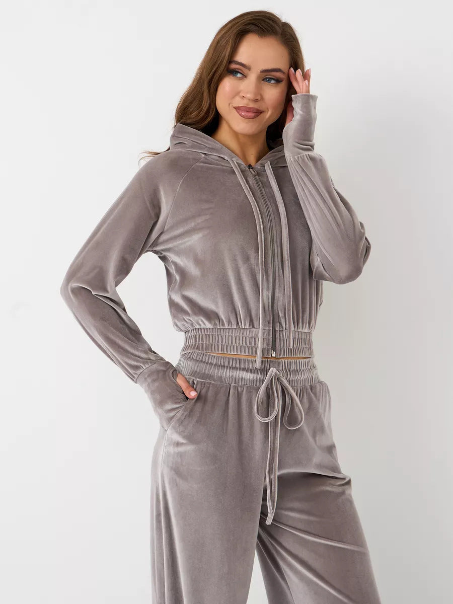 Damen Velours-Jogginganzug Cropped Kapuze Weite Passform