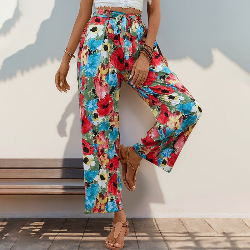 Damenweite Hose Elastisch Floralmuster Schwarz - Eveloria