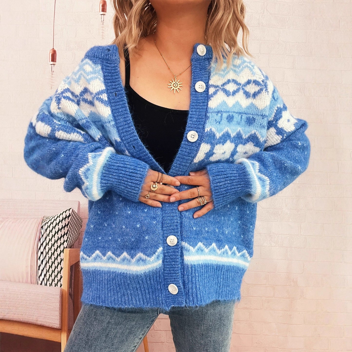 Damen Strickjacke Norwegermuster Kuschelig Eveloria