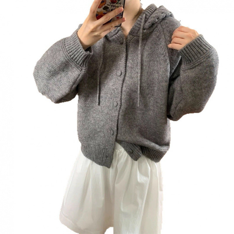 Damen Oversized Cardigan mit Kapuze und Knöpfen Kuschelig Grau