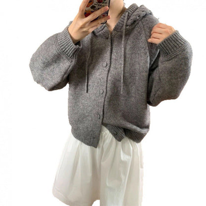 Damen Oversized Cardigan mit Kapuze und Knöpfen Kuschelig Grau