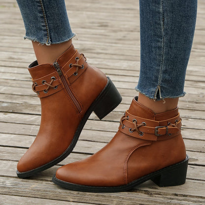Damen Stiefeletten Spitzem Zeh Blockabsatz Schnürschnalle Schwarz - Eveloria
