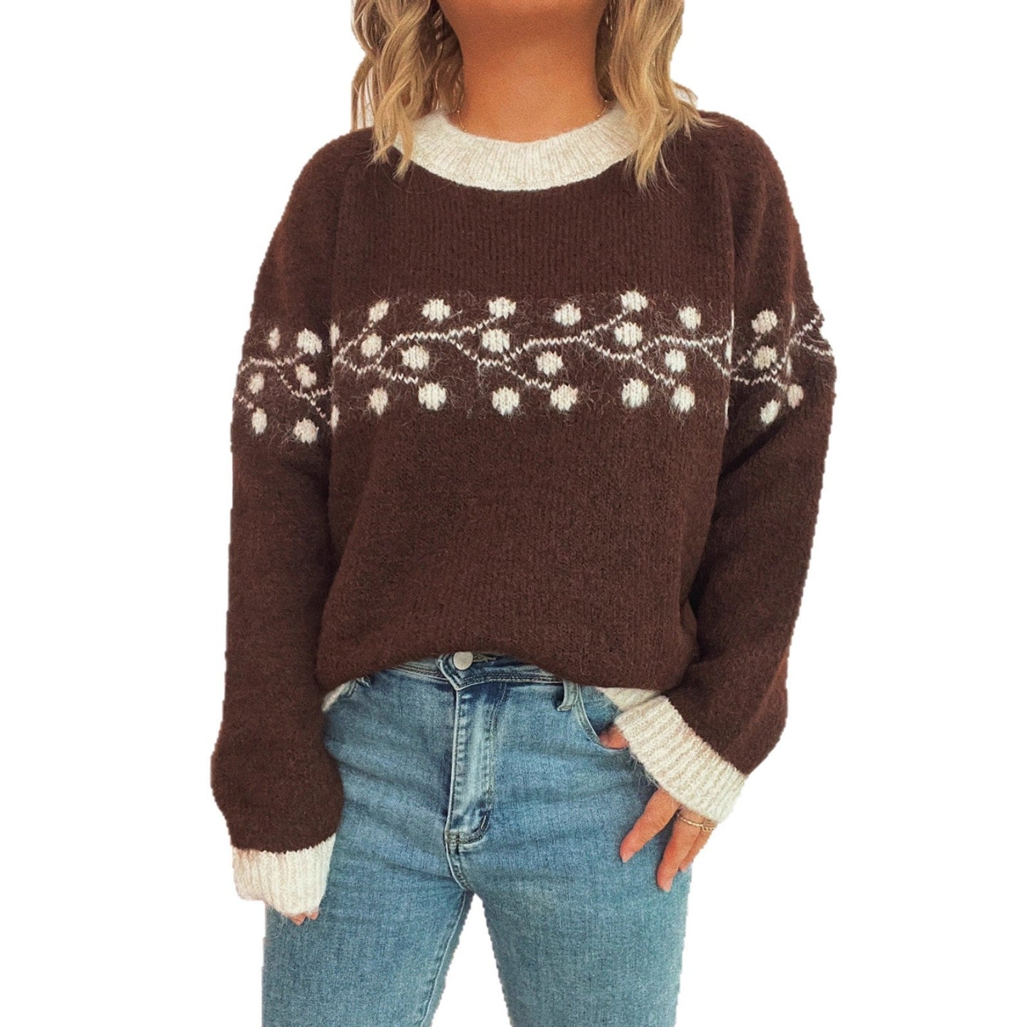 Damen Strickpullover Handgewebtes Blumenmuster