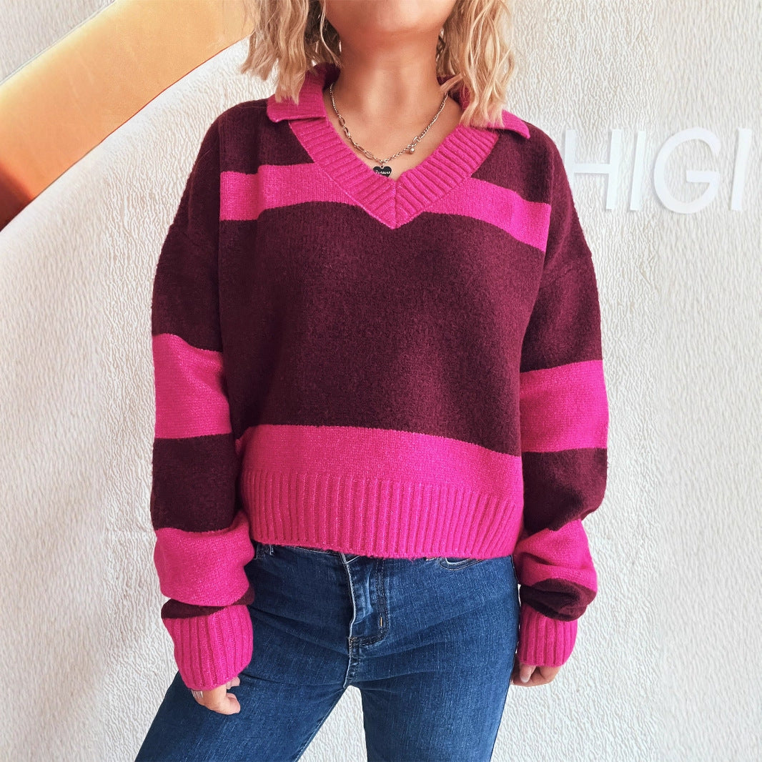 Damen Strickpullover V-Ausschnitt Blockstreifen