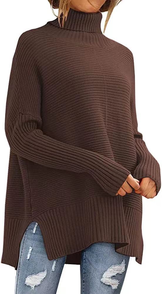 Damen Rollkragenpullover Feine Rippstruktur Asymmetrisch Beige