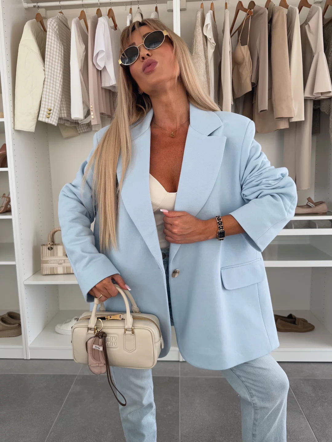 Damen Oversized Blazer mit Taschen Modisch Eveloria
