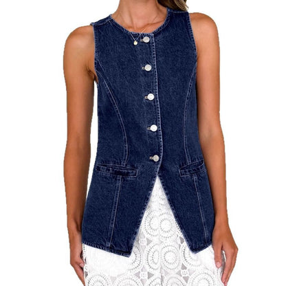 Damen Denimweste Tailliert Knöpfe Blau Eveloria