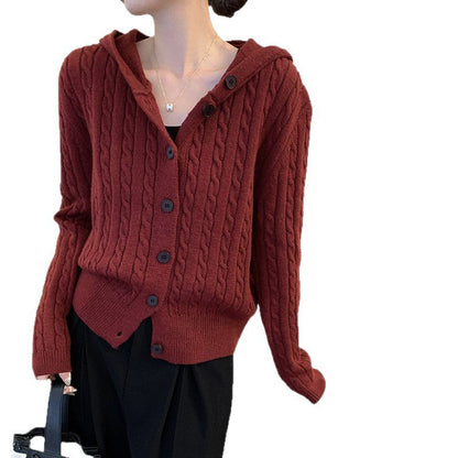 Damen Strickjacke Kapuze Knöpfe Beige