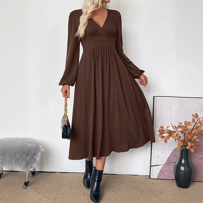 Damen Maxi-Kleid V-Ausschnitt Ballonärmel Eveloria - Eveloria