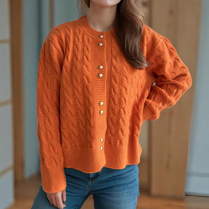 Damen Strickjacke Zopfmuster Perlenknöpfe Eveloria