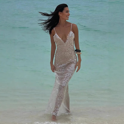 Damen Strandkleid Glitzernd V-Ausschnitt Spaghettiträger Eveloria