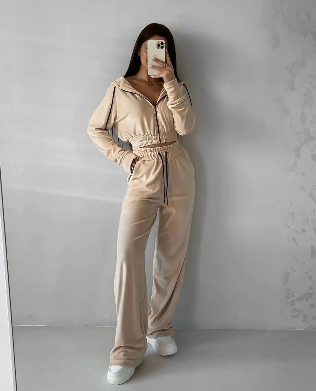 Damen Fleece-Set Cropped Oberteil Weite Hose