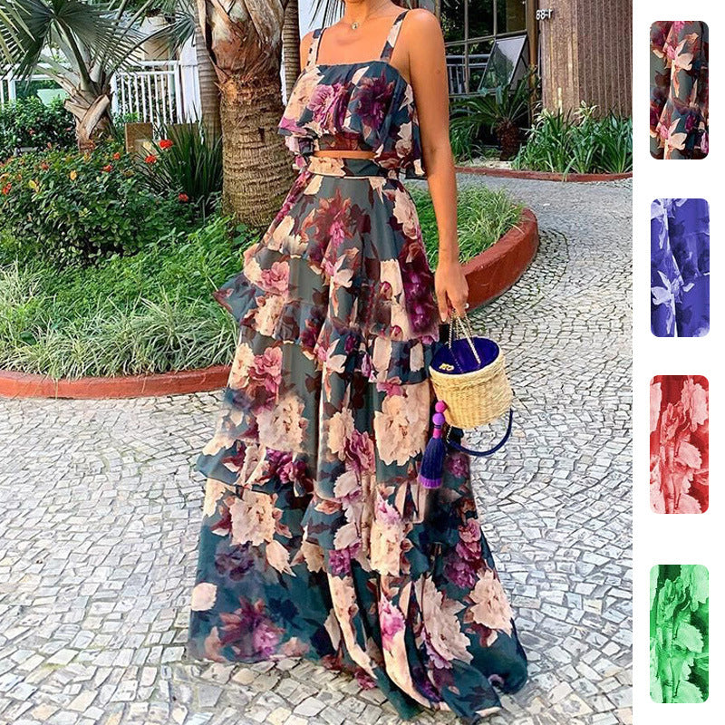 Damen Maxi-Kleid Floralmuster Rüschen Eveloria - Eveloria