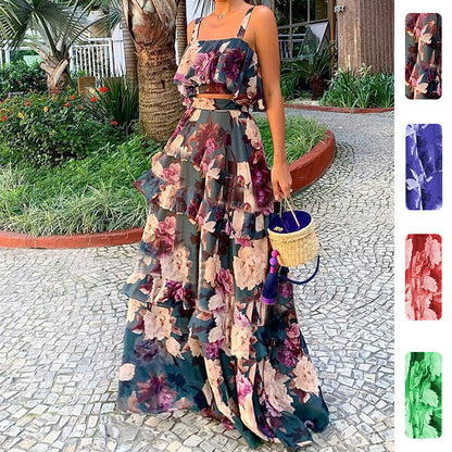 Damen Maxi-Kleid Floralmuster Rüschen Eveloria - Eveloria