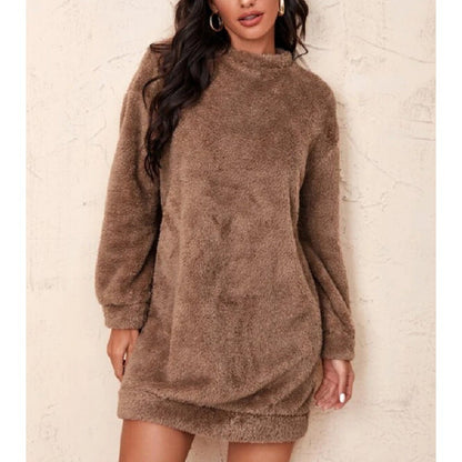 Damen Fleece-Kleid Hochkragen Voluminöse Ärmel Grau Eveloria