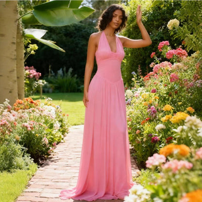 Damen Maxi-Kleid Neckholder Design Fließend Eveloria