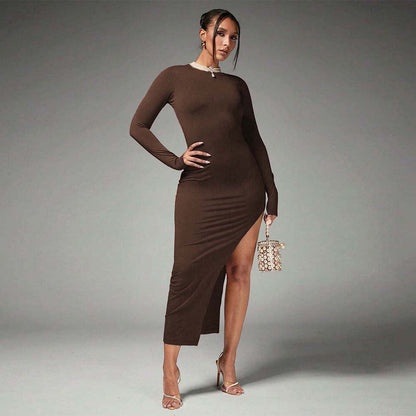 Damen Maxikleid Langarm Seitenschlitz Schwarz Eveloria - Eveloria
