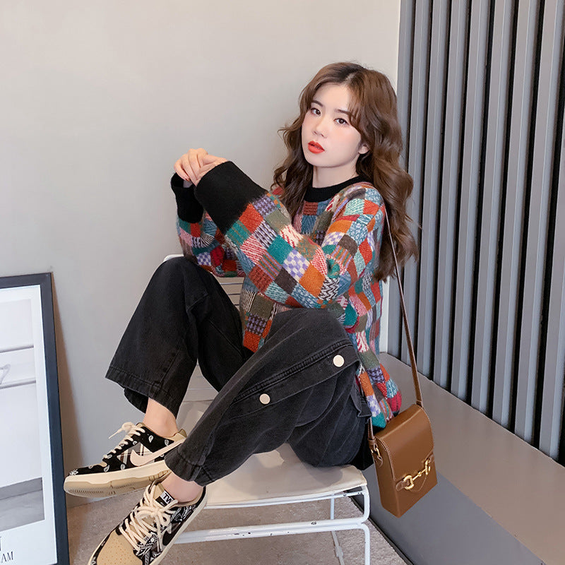 Damen Pullover Karomuster Lässiger Schnitt Eveloria