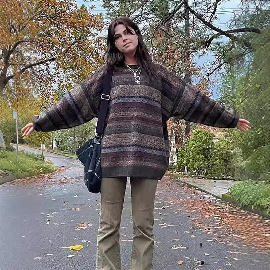 Damen Oversized-Pullover Bunt Streifenmuster Weite Ärmel