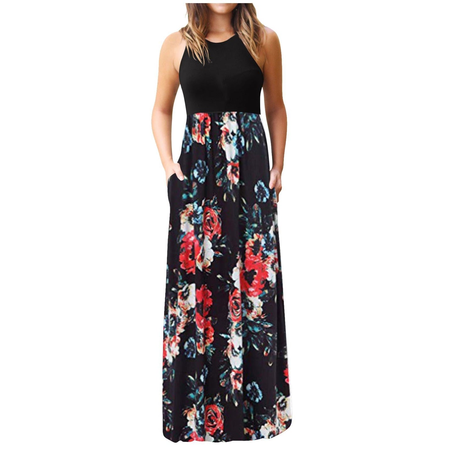 Damen Maxikleid Floralmuster Mit Seitentaschen