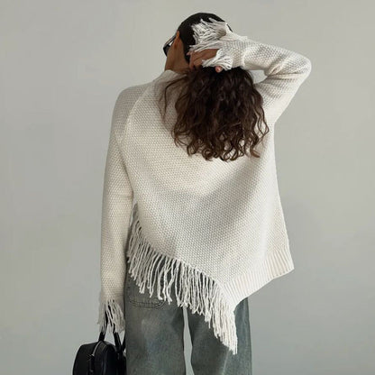 Damen Pullover Grobgestrickt Fransen Beige