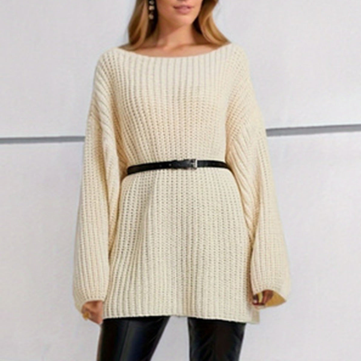 Damen Strickpullover Weit Schnitt Überschnittene Schultern Beige - Eveloria