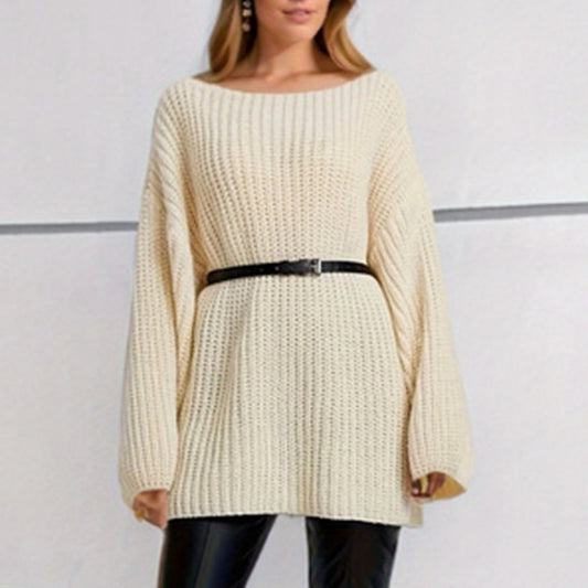 Damen Strickpullover Weit Schnitt Überschnittene Schultern Beige - Eveloria