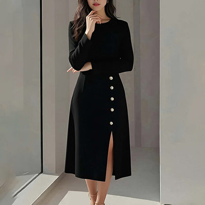 Damen Elegantes Midi-Kleid mit Knopfdetail und Seitenschlitz
