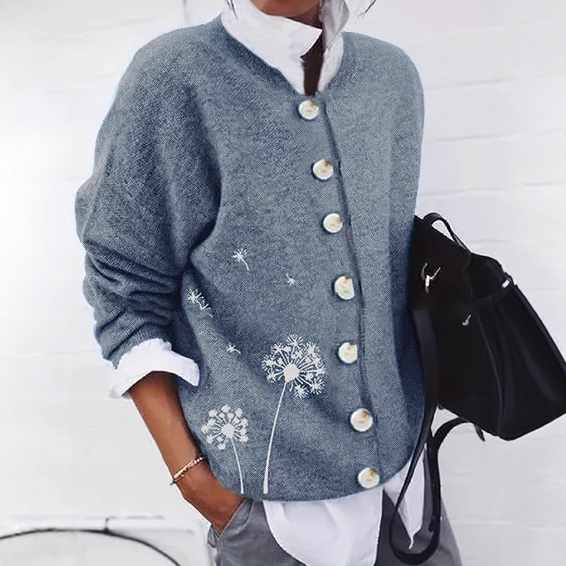 Damen Strickjacke Löwenzahn Muster Knopfleiste Blau - Eveloria