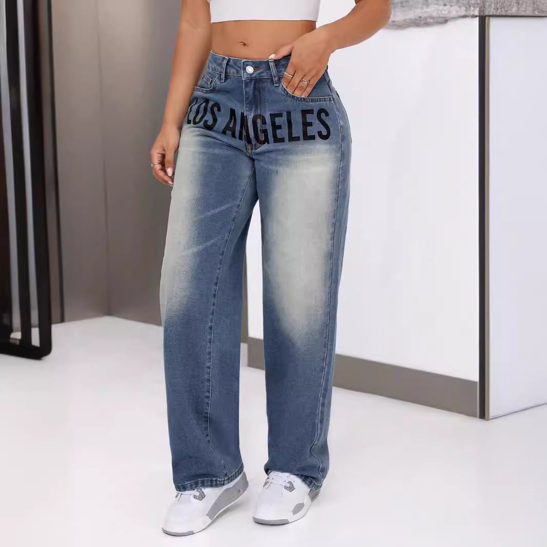 Damen Weite Jeans Mit Schriftzug Eveloria