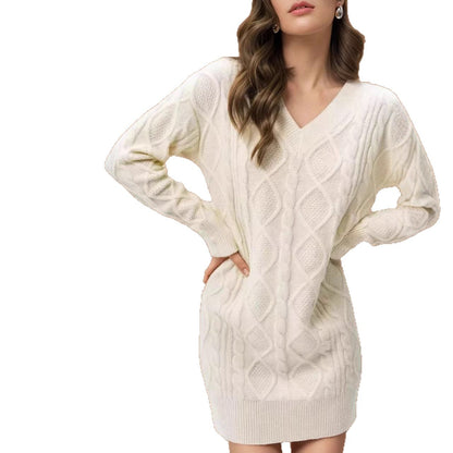 Damen Strickkleid V-Ausschnitt Strukturiert Anthrazit