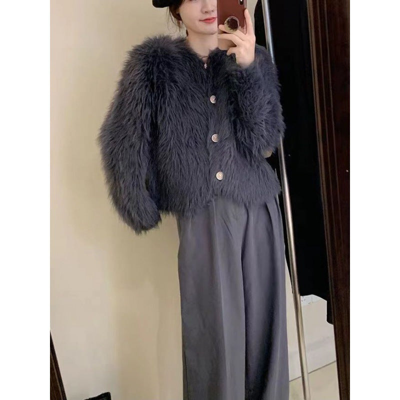 Damen Kurzjacke Flauschig Elegant Knöpfe Eveloria