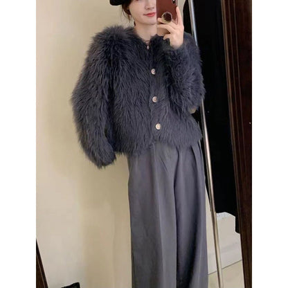Damen Kurzjacke Flauschig Elegant Knöpfe Eveloria