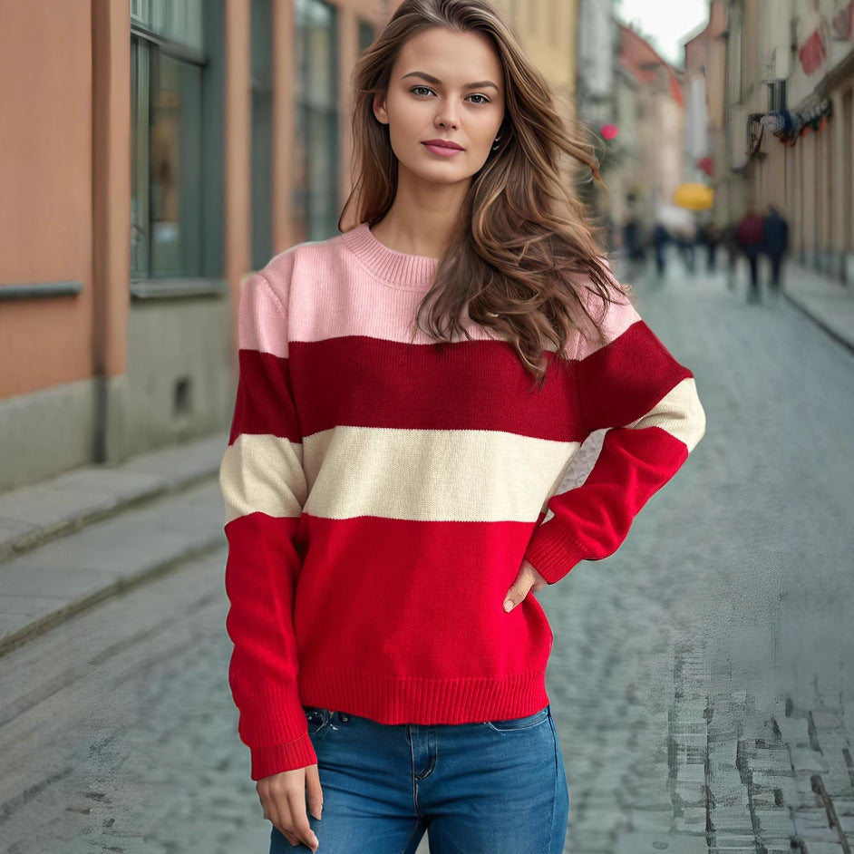 Damen Pullover Casual Blockstreifen Farbenfroh Eveloria