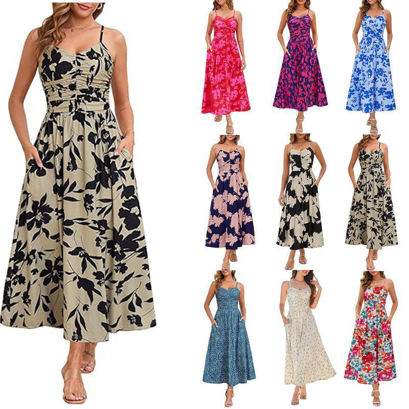 Damen Maxikleid Schmale Träger Baumwolle Mit Seitentaschen Beige