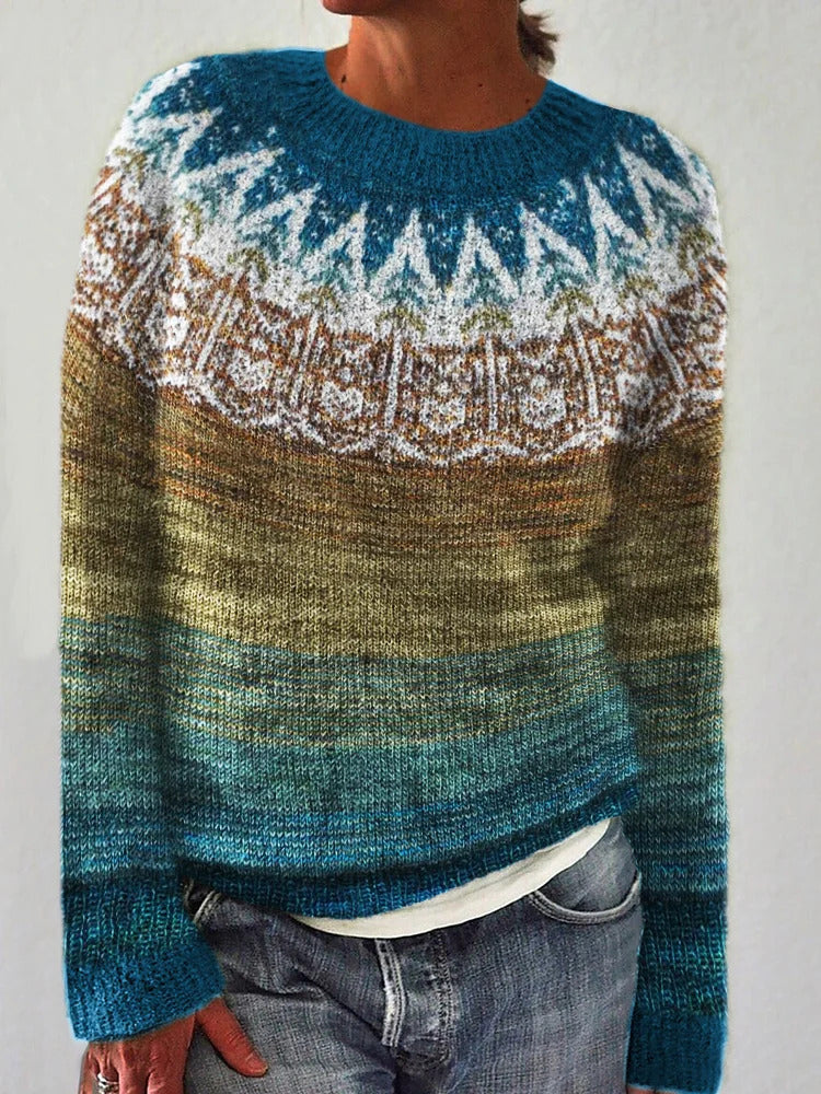 Damen Pullover Lebhaftes Landschaftsmuster Kuschelig Eveloria