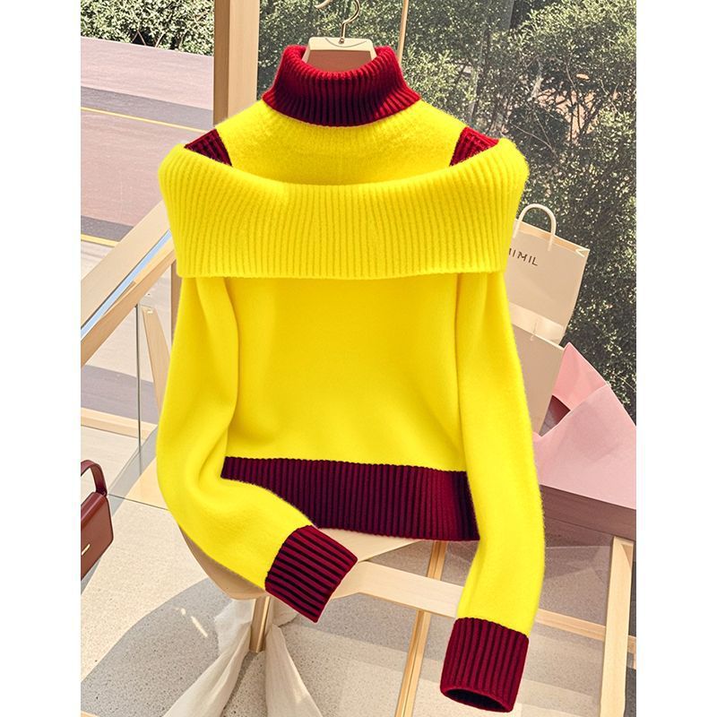 Damen Pullover Weit Stehkragen Dekorativer Farbkontrast Eveloria