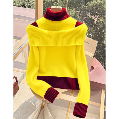 Damen Pullover Weit Stehkragen Dekorativer Farbkontrast Eveloria