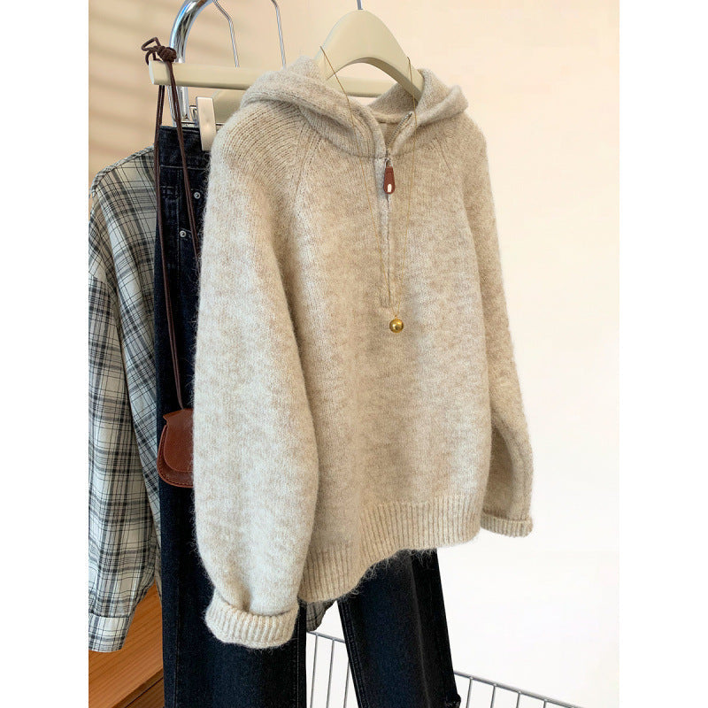 Damen Hoodie Kuschelig Halbzipp Reißverschluss Kängurutasche Grau