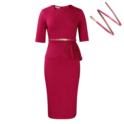 Damen Midi-Kleid Drapierung Vorderseite Abnehmbarer Gürtel Eveloria