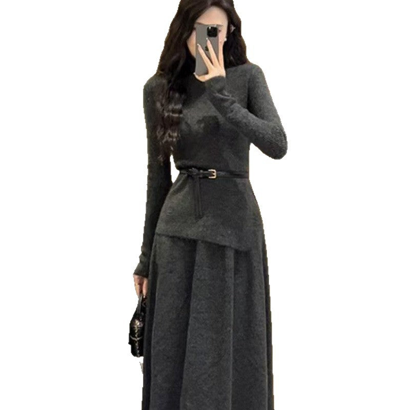 Damen Strickkleid Asymmetrischer Saum Mit Gürtel