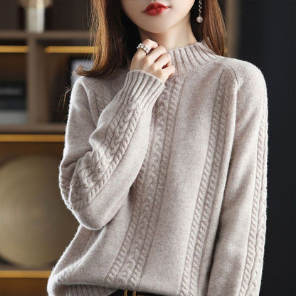 Damen Strickpullover Kuscheliger Zopfmuster Hochkragen Beige