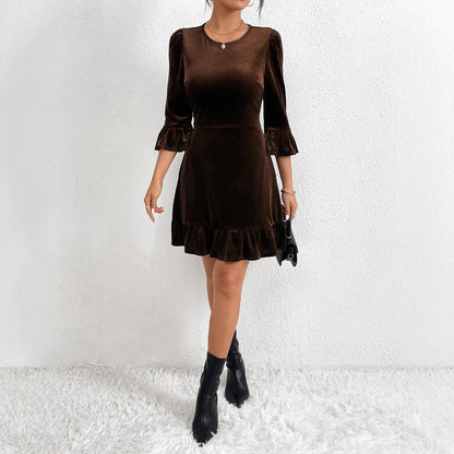 Damen Minikleid Samt Rüschendetails Voluminöse Ärmel Eveloria